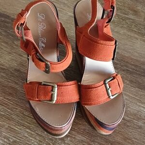 De Blossom Collection Orange Suede Wedge Sandals